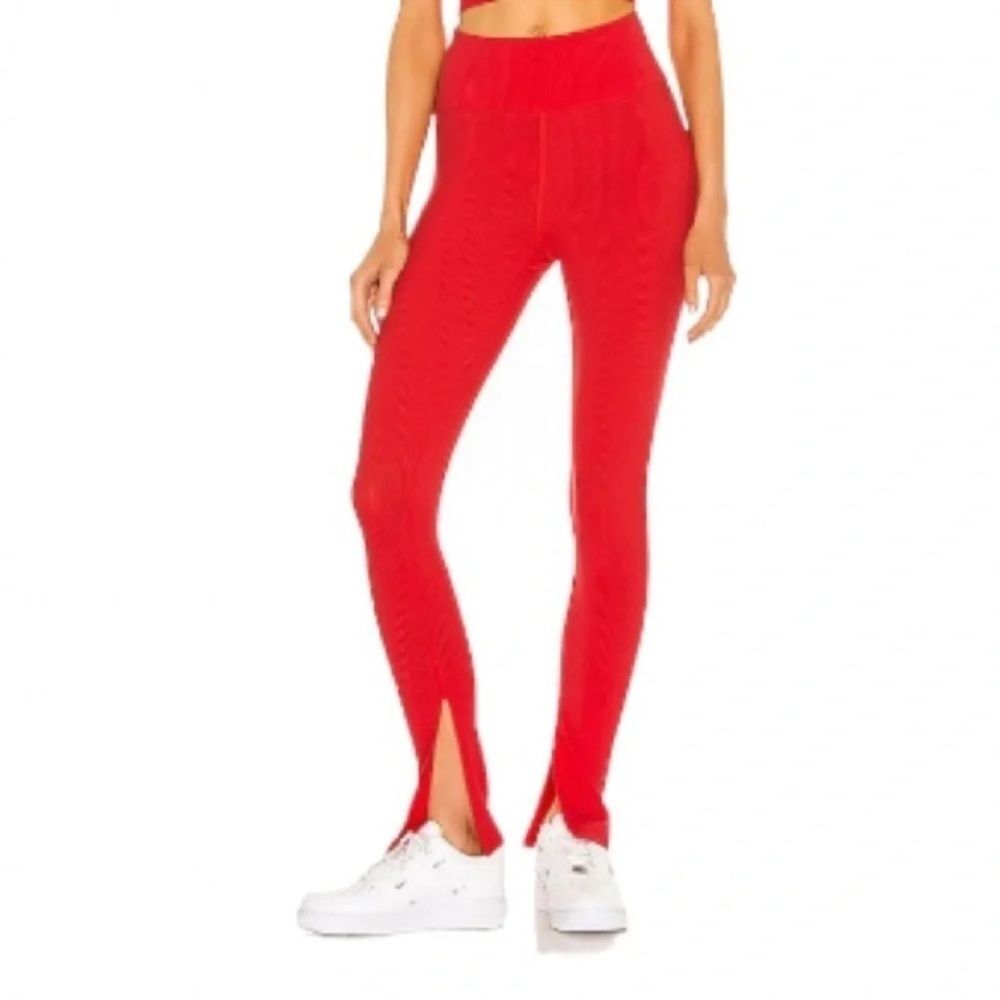 Year of Ours 9 to 5 Ribbed Slit Hem Legging in Red | Small - Picture 2 of 9